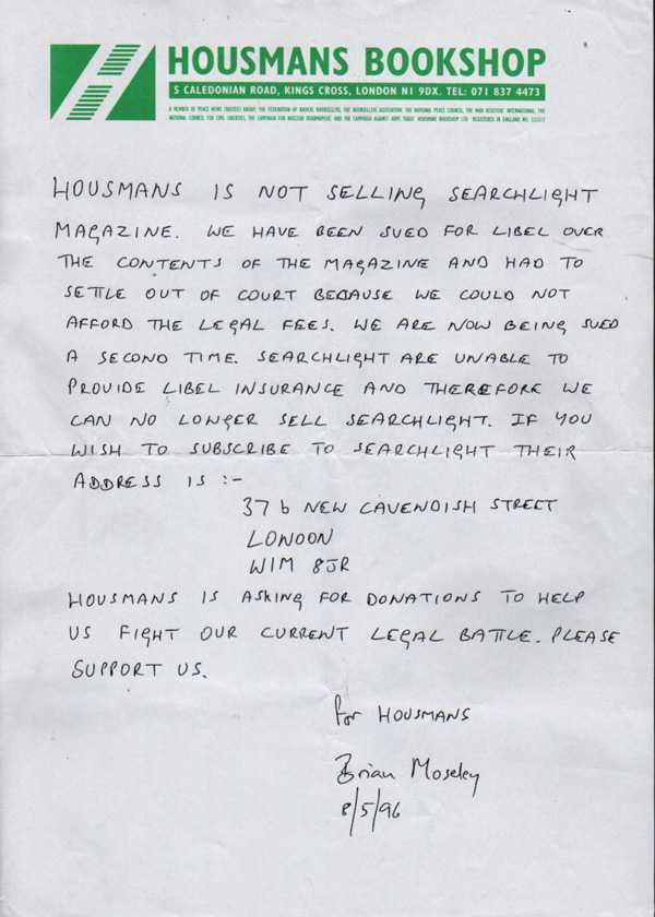 HOUSMANS BOOKSHOP LETTER