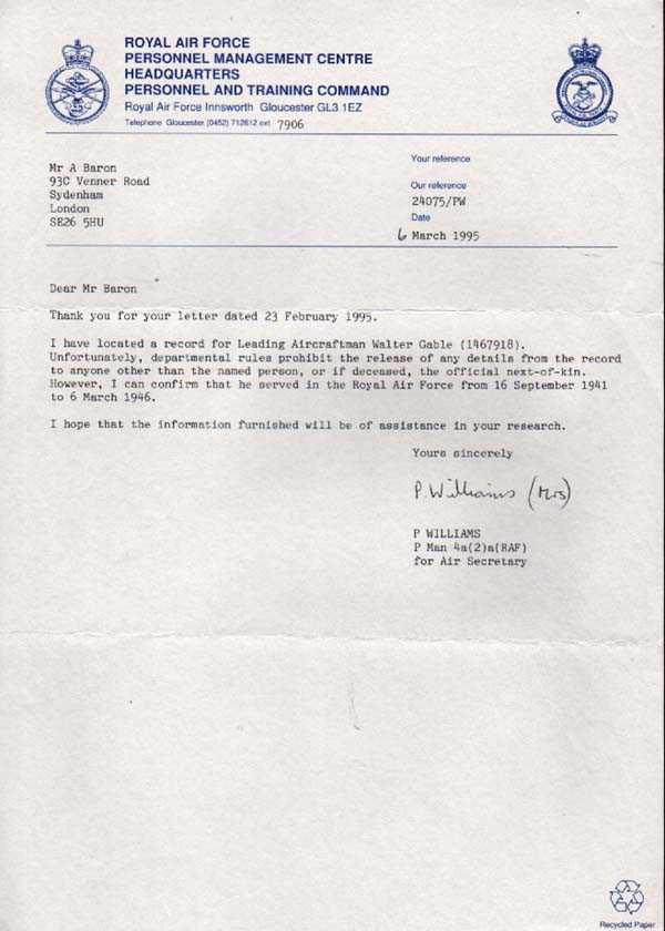 OFFICIAL LETTER RE WAR RECORD OF WALTER WILLIAM GABLE